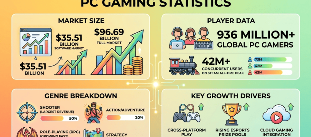 PC gaming statistics for 2026 covering $35.51 billion software market and $96.69 billion total including hardware, Steam's 42 million concurrent user peak, 936 million global PC gamers, Asia-Pacific's 49.95% market share, Windows at 82.40% OS share, and subscription gaming with highest segment CAGR.