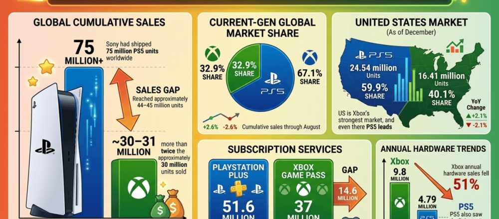 PlayStation 5 versus Xbox Series X/S sales statistics for 2026 covering PS5's 75 million global units against Xbox's 30 million, 67.1% to 32.9% market share split, Xbox's 51% year-over-year hardware sales decline, US share at 59.9% versus 40.1%, and PlayStation Plus at 51.6 million subscribers versus Game Pass at 37 million.