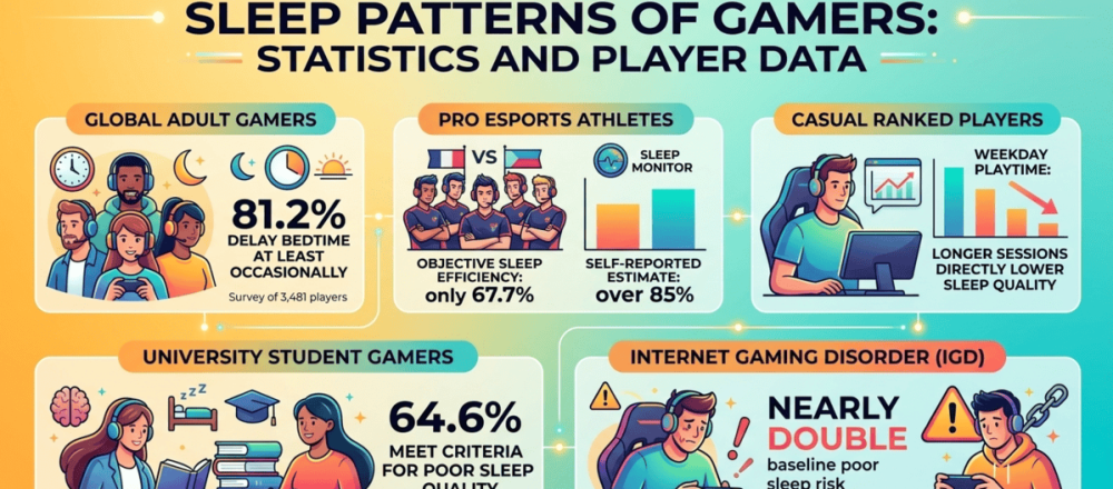Gamer sleep patterns statistics for 2026 covering 81.2% of adult gamers delaying sleep for gaming, professional esports athletes at 67.7% objective sleep efficiency versus 85% self-reported, Internet Gaming Disorder carrying 1.882 odds ratio for poor sleep, and 41% of US teen gamers reporting gaming hurt their sleep.