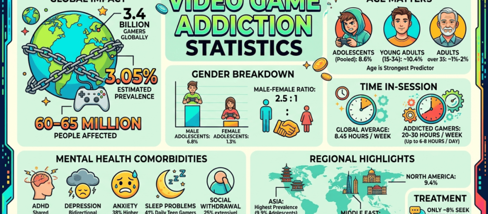 Video game addiction statistics for 2026 covering 3.05% global gamer prevalence affecting 60-65 million people, 8.6% adolescent rate versus 1-2% for adults over 35, male-to-female ratio at 2.5:1, Asia leading regionally at 9.9%, ADHD as top comorbidity, and only 8% seeking professional help.