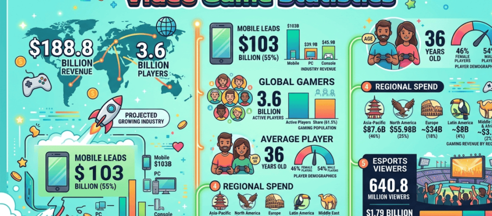 Video game statistics for 2026 covering $188.8 billion 2025 global revenue projected to $205 billion, 3.6 billion active players, mobile at $103 billion for 55% share, console at $45.9 billion, PC at $39.9 billion, 46% female players, average age 36, and esports at $1.79 billion with 640.8 million viewers.