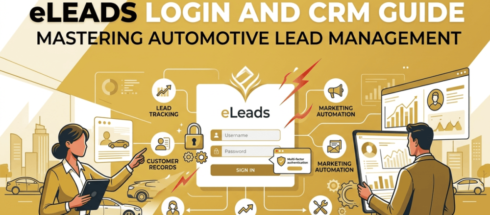 eLeads CRM guide for 2026 covering CDK Global's automotive dealership platform with login at eleadcrm.com, lead management and real-time sales tracking features, SSO and MFA authentication options through Okta and OneLogin, and iOS and Android mobile apps.
