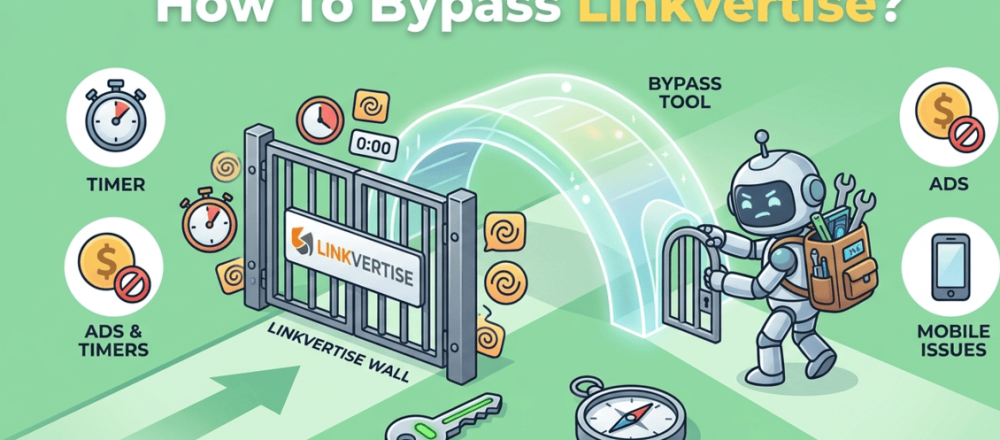 Linkvertise bypass guide covering how the link monetization platform works, why bypass tools like Bypass.vip, browser extensions, and Tampermonkey scripts fail due to session tokens and server-side validation, rolling detection updates, and alternatives including disabling ad blockers, switching browsers, and contacting creators directly.
