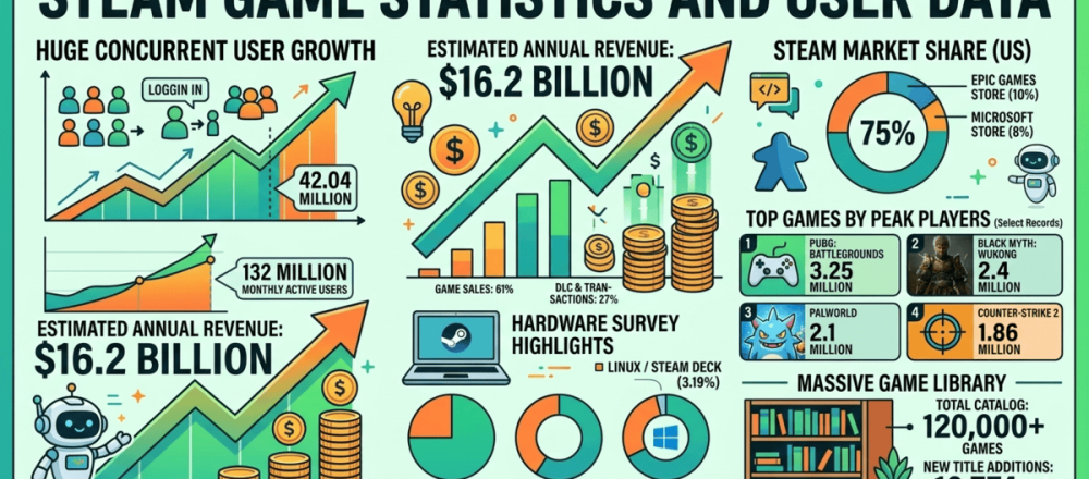 Steam statistics for 2026 covering 42 million concurrent user peak on January 11, 2026, 132 million monthly active users, $16.2 billion estimated 2025 revenue up 50% year-over-year, 75% US PC distribution market share, PUBG's 3.26 million all-time player record, and NVIDIA at 74.88% GPU share.