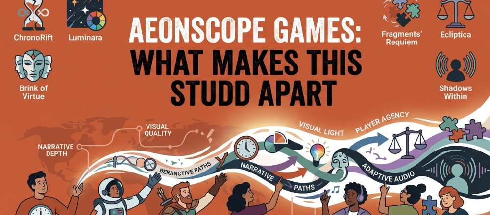 Aeonscope Games studio profile covering story-driven titles including ChronoRift, Luminara, Brink of Virtue, and Ecliptica, core features of narrative depth, player agency, and adaptive audio, upcoming Exile Protocol open-world release with VR/AR integration, and community-driven development through beta programs and forums.