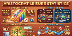 SNES Game Clip Tutorials Aristocrat Leisure statistics for 2026 covering AUD 6.30 billion FY2025 revenue (up 11%), AUD 1.55 billion NPATA (up 12.2%), 41.7% EBITDA margin, 43% North American gaming market share with 75,200+ installed units, Aristocrat Interactive revenue up 53.8% to AUD 344.3 million, and AUD 1.4 billion returned to shareholders.