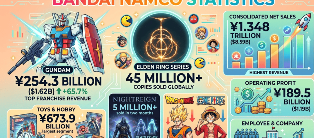 Bandai Namco FY2026 statistics with record revenue, Gundam franchise earnings, Elden Ring sales milestones, and segment profitability data.