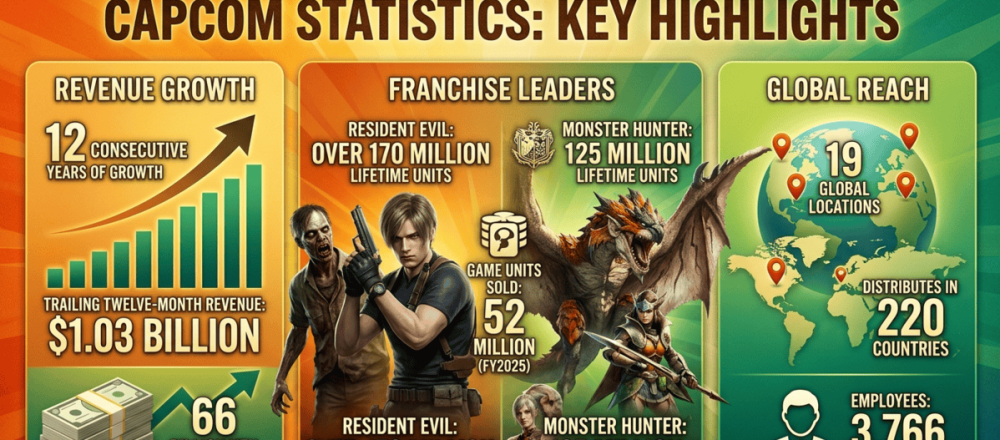 Capcom statistics for 2026 covering $1.119B fiscal 2025 revenue (12th consecutive growth year), Resident Evil at 170+ million lifetime units and Monster Hunter at 125 million, Monster Hunter Wilds selling 11 million (8 million in 3 days), Resident Evil Requiem at 7 million in two months, 3,766 employees across 19 locations, and North America as largest region at 29.8% of sales.