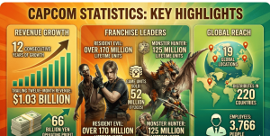 SNES Game Clip Tutorials Capcom statistics for 2026 covering $1.119B fiscal 2025 revenue (12th consecutive growth year), Resident Evil at 170+ million lifetime units and Monster Hunter at 125 million, Monster Hunter Wilds selling 11 million (8 million in 3 days), Resident Evil Requiem at 7 million in two months, 3,766 employees across 19 locations, and North America as largest region at 29.8% of sales.