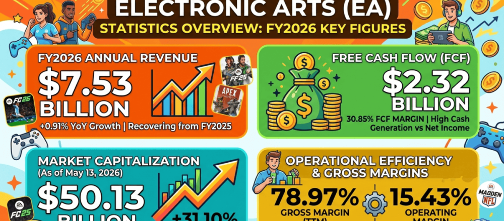 Electronic Arts statistics for 2026 covering $7.53B FY2026 revenue (up 0.91%), $50.13B market cap (up 31.10% YoY), $2.32B free cash flow at 30.85% FCF margin, 78.97% gross margin, 14,500 employees, 4.17% share count reduction via ~$2B buybacks, and analyst "Hold" consensus with $196.62 price target.