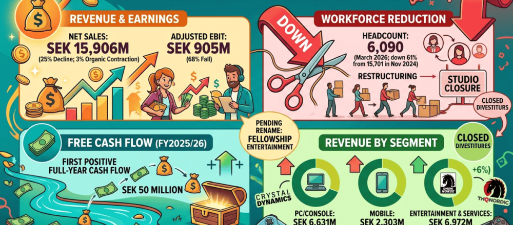 Embracer Group FY2025/26 statistics with revenue by segment, quarterly performance, workforce cuts, and divestiture details.