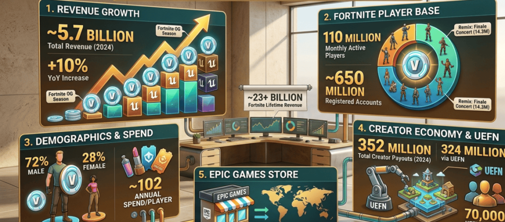 Explore Epic Games Statistics 2026 covering revenue, Fortnite player counts, Epic Games Store growth, creator economy payouts, and valuation trends. Get updated insights on monthly active users, lifetime Fortnite earnings, and platform performance across gaming ecosystem. A complete data-driven overview of Epic Games’ financial strength, audience reach, and industry impact.