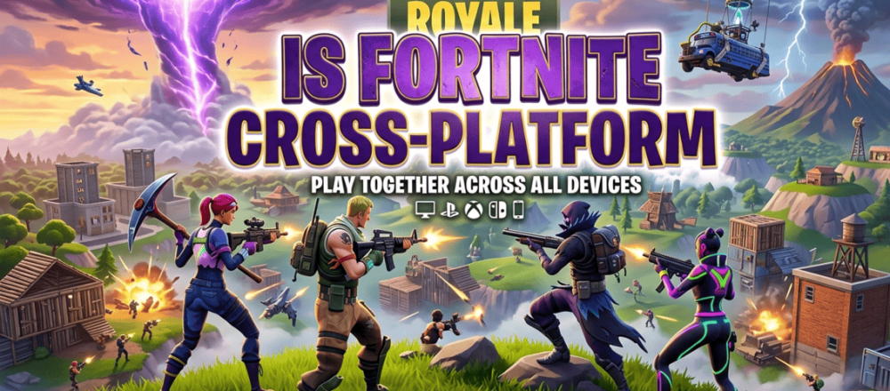 Fortnite cross-platform guide for 2026 covering full crossplay support across PC, PlayStation, Xbox, Nintendo Switch, and mobile (Android native, iOS via cloud), cross-save via Epic Games account linking, 650 million registered accounts, 110 million monthly active users, 78% console player base share, and crossplay active since 2018.