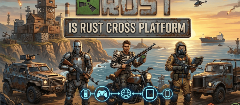 Rust crossplay status in 2026 showing console-only cross-platform support between PlayStation and Xbox, with PC separate.