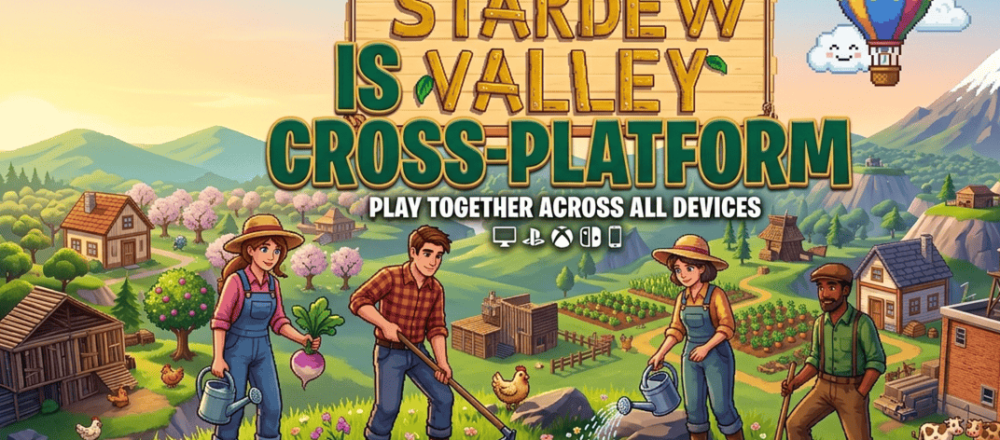 Stardew Valley cross-platform guide for 2026 covering PC-only crossplay (Steam/GOG/Mac together), no console crossplay between PlayStation/Xbox/Switch, no cross-save support, experimental mobile-to-PC co-op via IP address, 26+ million PC copies sold, 7.9 million Switch copies, and PS4-to-PS5 backward compatibility for save transfers.