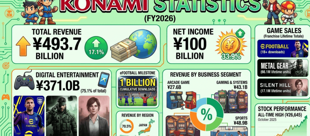 Konami FY2026 statistics covering revenue growth, eFootball download milestones, Metal Gear and Silent Hill sales, and segment breakdown.