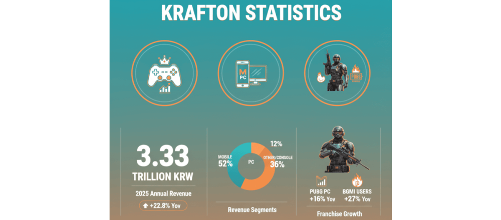 Krafton statistics for 2026 covering KRW 3.33 trillion ($2.50B) record 2025 revenue (up 22.8%), PUBG: Battlegrounds PC with highest-ever annual revenue at 16% growth, PUBG Mobile at 112.9 million MAU and $15+ billion lifetime revenue, 19 studios with ~2,100 employees, $8.82 billion market cap, and inZOI crossing 1 million sales in seven days.