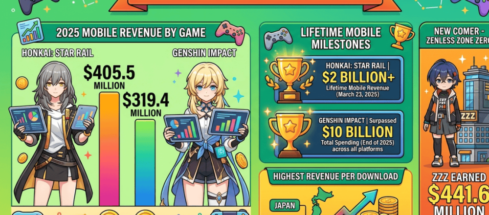 MiHoYo 2026 revenue statistics with game-by-game mobile earnings, regional spending breakdown, and first-year title comparisons.