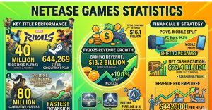NetEase Games 2026 statistics covering revenue trends, Marvel Rivals player counts, platform revenue split, and employee data with charts.