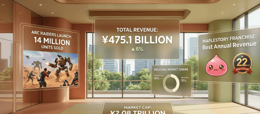 Nexon statistics for 2026 covering record ¥475.1 billion 2025 revenue (up 6%), ARC Raiders selling 14 million copies in 15 weeks with 960,000 peak concurrent users, MapleStory franchise up 43% annually, North America/Europe rising to 31% of Q4 revenue, ¥2.08 trillion market cap, and 9,834 employees.