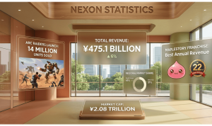 Nexon statistics for 2026 covering record ¥475.1 billion 2025 revenue (up 6%), ARC Raiders selling 14 million copies in 15 weeks with 960,000 peak concurrent users, MapleStory franchise up 43% annually, North America/Europe rising to 31% of Q4 revenue, ¥2.08 trillion market cap, and 9,834 employees.