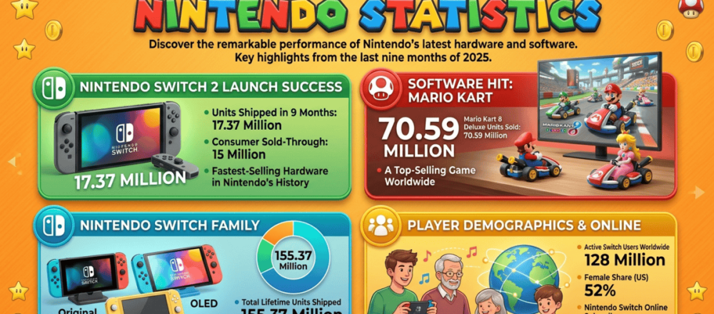 Nintendo statistics for 2026 covering 17.37 million Switch 2 units shipped in first nine months, ¥1,905.8 billion Q1-Q3 FY2026 net sales (up 99.3%), 155.37 million original Switch lifetime shipments, Mario Kart 8 Deluxe at 70.59 million copies, 34+ million Switch Online subscribers, and 27% global console market share.