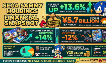 Sega Sammy statistics for 2026 covering ¥487.5B ($3.08B) FY2026 net sales (up 13.6%), ¥5.7B net loss from ¥58.8B extraordinary charges including ¥31.3B Rovio impairment, Entertainment Contents at ¥326.6B, free-to-play revenue up 14% to ¥53.7B, full game sales down 12%, ~$2.95B market cap, "Super Game" AAA project canceled, and FY2027 forecast of ¥510B net sales.