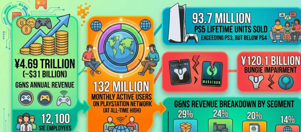 Sony Interactive Entertainment statistics for 2026 covering ¥4.69T G&NS FY2025 revenue with record ¥463.3B operating profit (up 12%), 93.7 million PS5 lifetime shipments, 132 million PSN monthly active users (December 2025 record), ~50 million PlayStation Plus subscribers with 38% on Extra/Premium tiers, ¥120.1B ($765M) Bungie impairment loss, and FY2026 revenue forecast of ¥4.42T reflecting expected hardware decline.