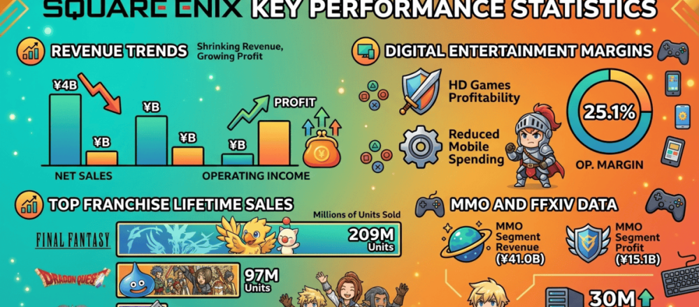 Square Enix FY2026 statistics covering revenue, franchise sales, FFXIV player data, segment profitability, and employee count trends.