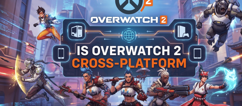 Overwatch 2 crossplay guide showing full cross-platform support across PC, PlayStation, Xbox, and Nintendo Switch.