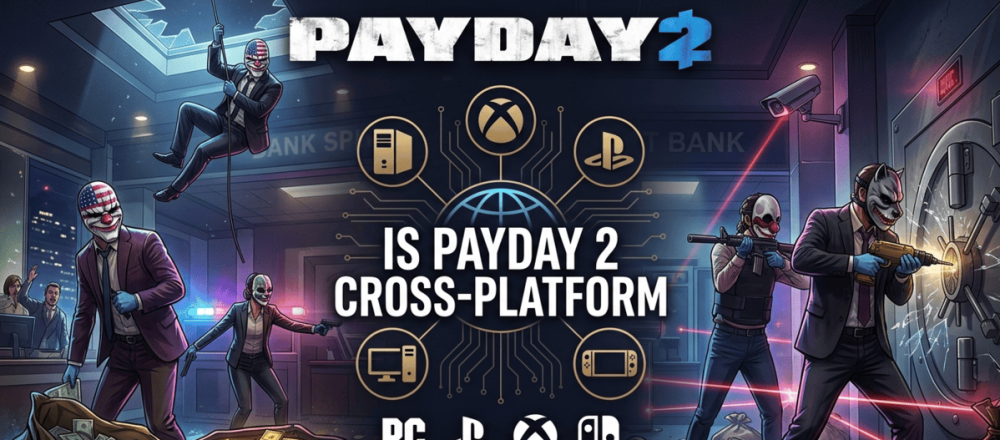 Payday 2 crossplay status in 2026 showing PC-only cross-platform support between Steam and Epic, with consoles on separate servers.