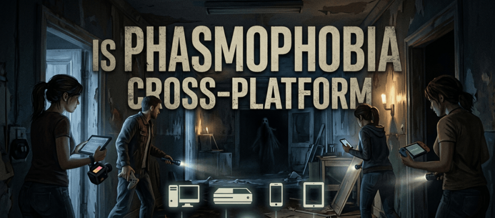 Phasmophobia crossplay guide showing full cross-platform support across PC, PS5, Xbox Series X|S, and PS VR2.
