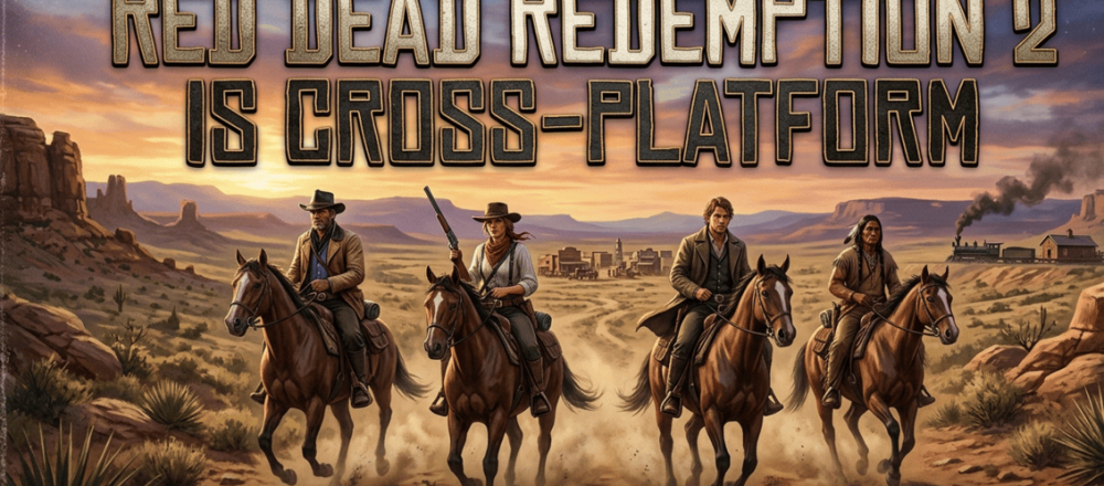 Red Dead Redemption 2 cross-platform guide for 2026 covering no crossplay support between PC/PlayStation/Xbox, no cross-save functionality, cross-generation play only within same console family (PS4/PS5 together, Xbox One/Series X|S together), 61+ million copies sold since October 2018, and Red Dead Online updates halted since late 2022 with resources shifted to GTA 6.