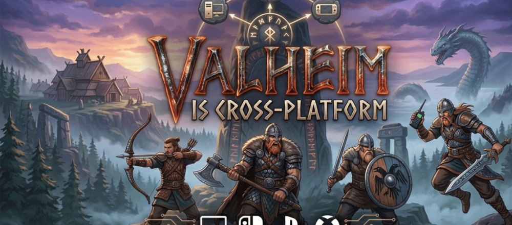 Valheim crossplay guide showing full cross-platform support across PC, Xbox, PS5, and Nintendo Switch 2.