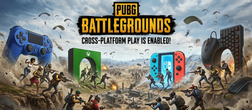 Guide page explaining PUBG cross-platform status in 2026, showing tables of crossplay compatibility between PC, PS5, Xbox, and mobile, along with TL;DR summary, platform comparisons, and FAQ sections about cross-save and matchmaking.