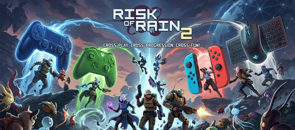 Risk of Rain 2 crossplay guide showing PC-only cross-platform support between Steam and Epic, with consoles locked to same-family play.