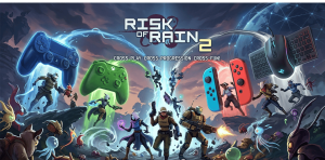 Risk of Rain 2 crossplay guide showing PC-only cross-platform support between Steam and Epic, with consoles locked to same-family play.