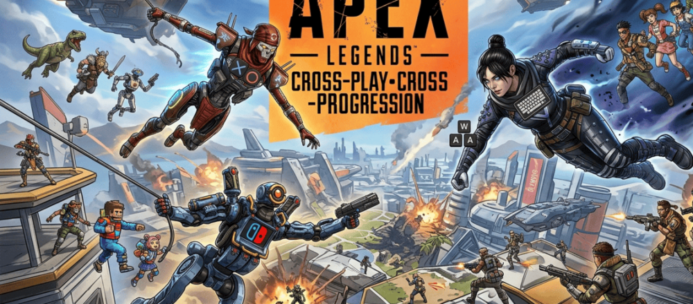 Web article explaining Apex Legends crossplay in 2026, covering platform compatibility across PC, PlayStation, Xbox and Switch, cross-progression via EA account, matchmaking behavior, and multiplayer settings for squads and friends.