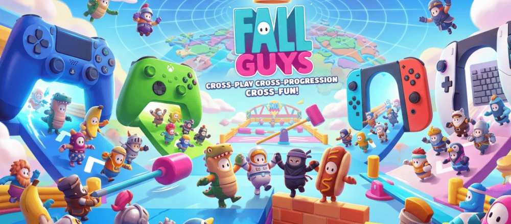 Fall Guys crossplay guide showing full cross-platform and cross-save support across PC, PlayStation, Xbox, Switch, and mobile.