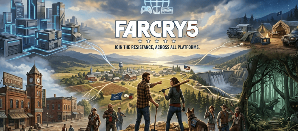 Far Cry 5 crossplay compatibility infographic showing PC, PlayStation, and Xbox multiplayer support, co-op restrictions, cross-save status, platform combinations, and 2026 cross-platform gaming availability across systems.