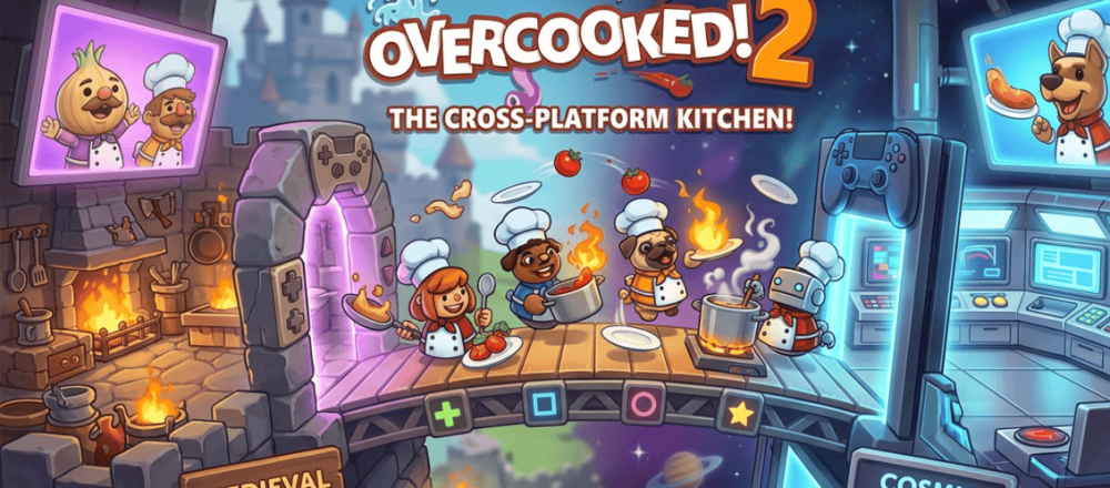 Overcooked 2 crossplay status showing PC-only cross-platform support between Steam and Epic, with consoles on separate servers.