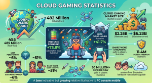 Cloud gaming statistics 2026 showing 482M projected users, $6-24B market size range, platform subscribers, and regional revenue breakdown.
