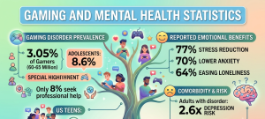 Gaming and mental health statistics 2026 showing 3.05% disorder prevalence, teen behavior data, reported benefits, and comorbidity rates.