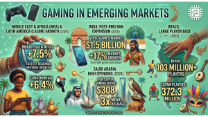 Gaming in emerging markets statistics 2026 showing 7.5% Middle East growth, India's $1.5 billion market, Saudi $308 per-capita spend, and regional revenue charts.