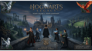 Hogwarts Legacy statistics 2026 showing 4,943 concurrent Steam players, 40 million copies sold, $1.32 billion revenue, and regional player distribution charts.