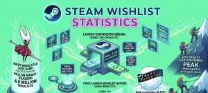 Steam wishlist statistics 2026 showing 0.15x median conversion rate, Silksong's 4.8 million wishlists, top over-performers, and Next Fest benchmark charts.