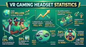 VR gaming headset statistics 2026 showing 171 million global users, Meta Quest 80% market dominance, Steam platform share, and age demographics charts.