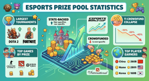 Esports prize pool statistics 2026 showing $75M EWC pool, TI's 92.8% decline, top game payouts, and all-time earner rankings.