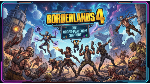 Borderlands 4 crossplay guide showing full PC, PS5, Xbox, and Switch 2 cross-platform support with SHiFT accounts and cross-save coming 2026.