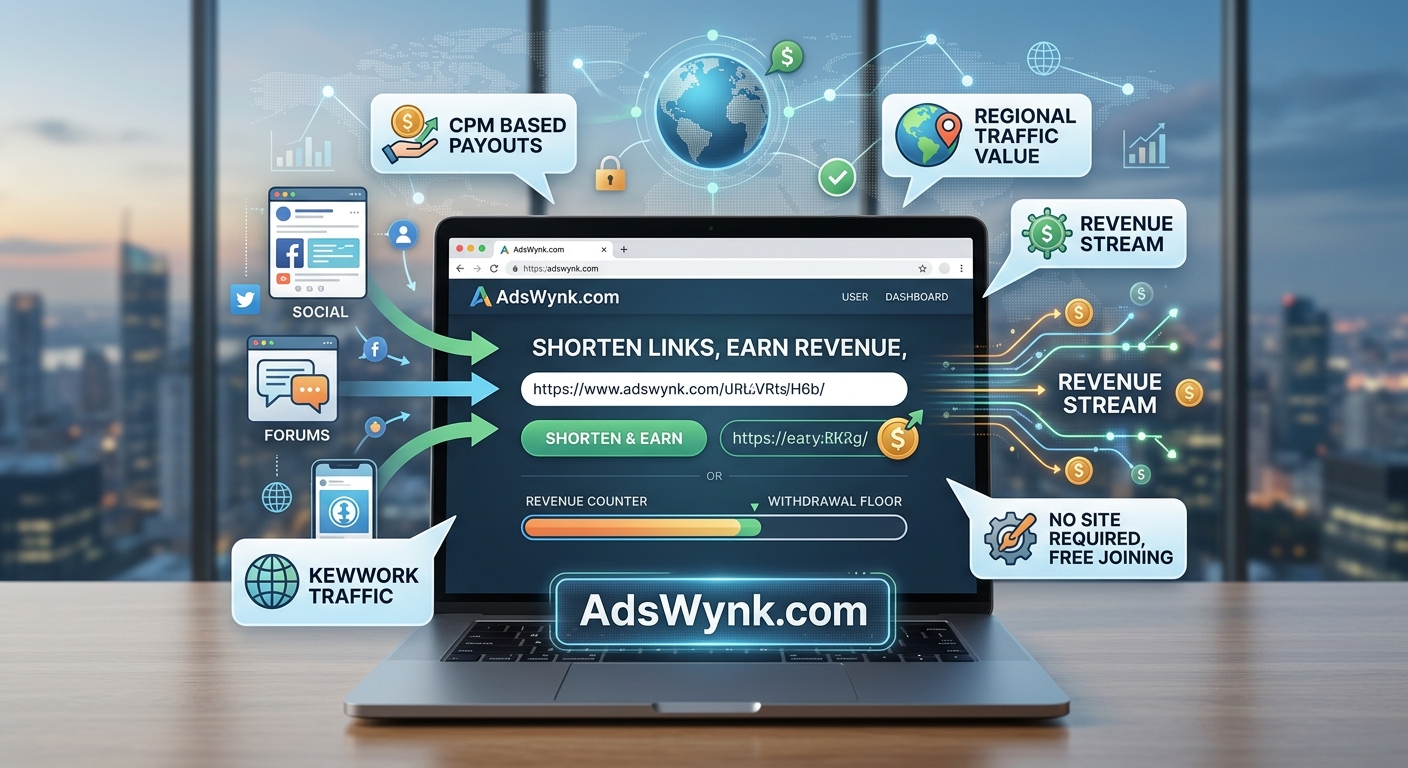 AdsWynk com review 2026 showing payout rates, CPM earnings, safety, legitimacy, pros and cons, and comparisons with other URL shorteners.